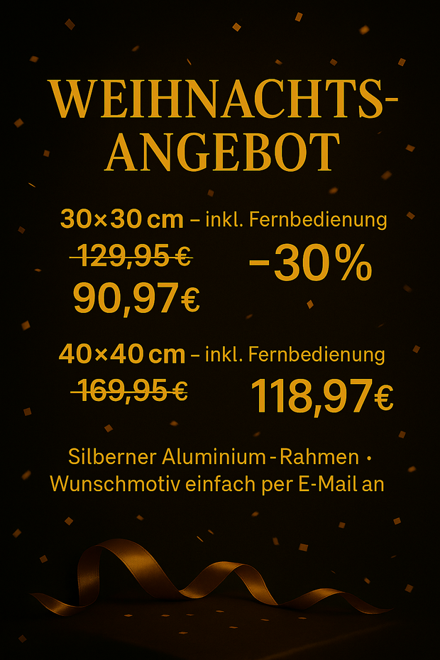Weihnachtsangebot – Personalisiertes Leuchtbild (LED, 30×30cm, 30x40cm, 40×40cm) Leuchtbilder24